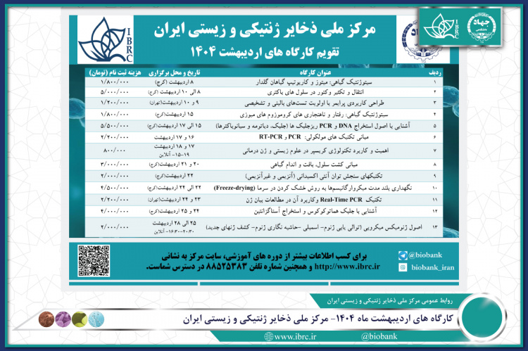 کارگاه های اردیبهشت ماه ۱۴۰۴- مرکز ملی ذخایر ژنتیکی و زیستی ایران