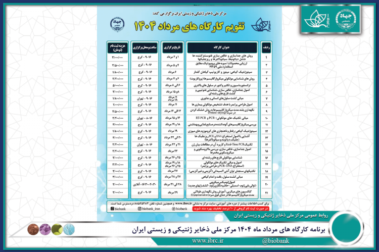 برنامه کارگاه های مرداد ماه ۱۴۰۴ مرکز ملی ذخایر ژنتیکی و زیستی ایران