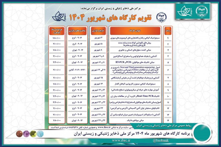 برنامه کارگاه های شهریور ماه ۱۴۰۴ مرکز ملی ذخایر ژنتیکی و زیستی ایران