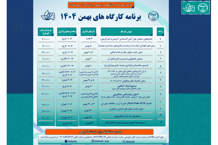 برنامه کارگاه‌های آموزشی بهمن ماه ۱۴۰۴ مرکز ملی ذخایر ژنتیکی و زیستی ایران منتشر شد