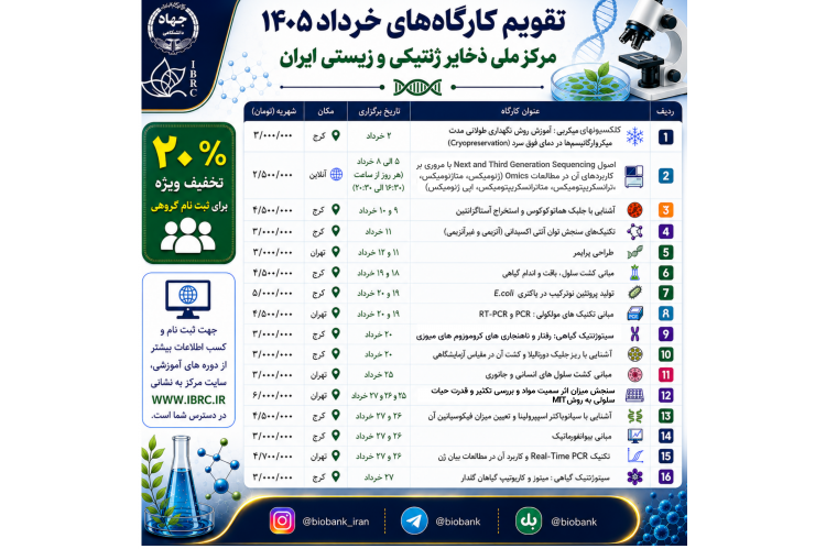 انتشار تقویم کارگاه‌های تخصصی و عملی خرداد ماه ۱۴۰۵ مرکز ملی ذخایر ژنتیکی و زیستی ایران