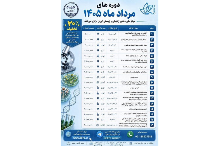 مرکز ملی ذخایر ژنتیکی و زیستی ایران تقویم کارگاه‌های آموزشی مرداد ماه ۱۴۰۵ را منتشر کرد.