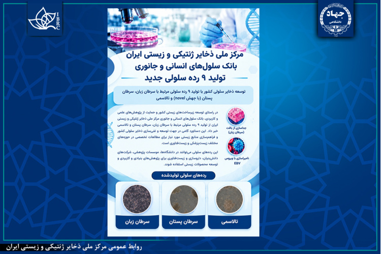 تولید و ثبت ۹ رده سلولی جدید در بانک سلول‌های انسانی و جانوری مرکز ملی ذخایر ژنتیکی و زیستی ایران